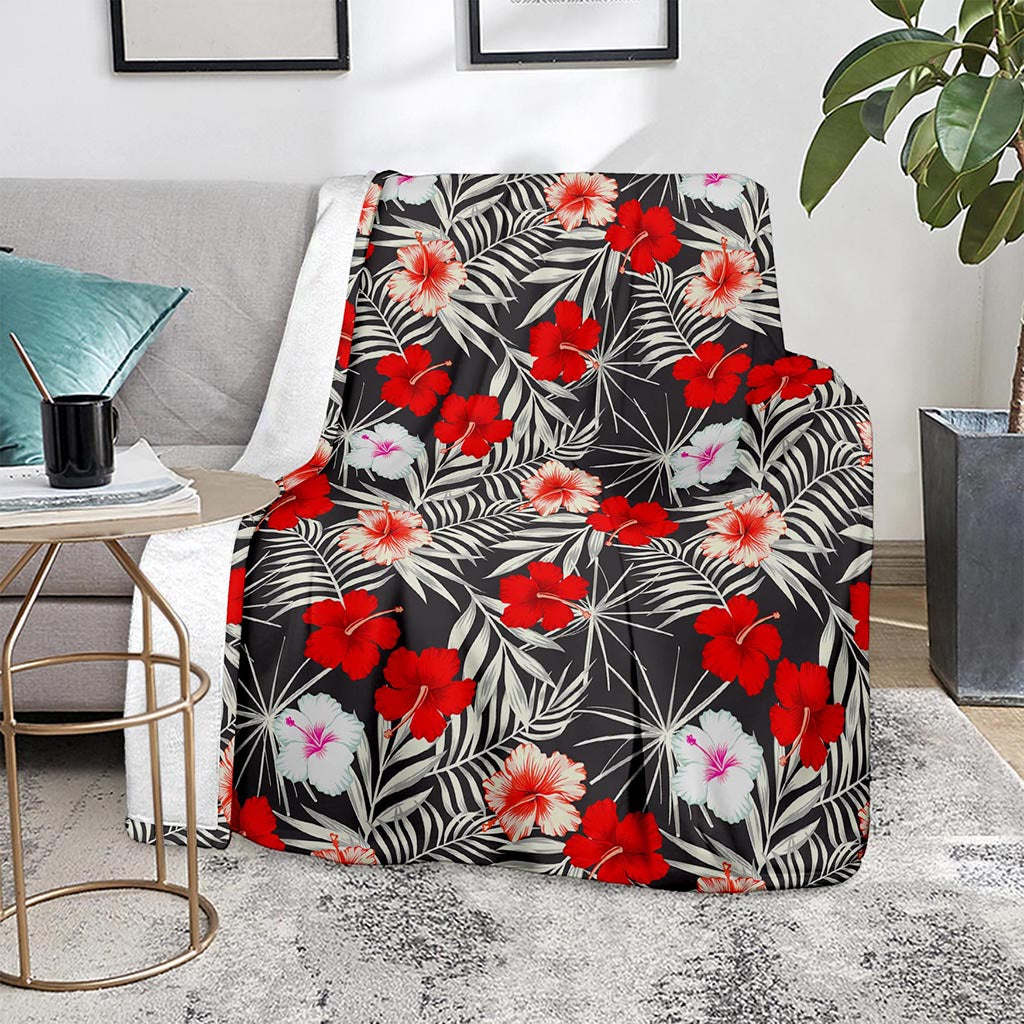 White Tropical Hibiscus Pattern Print Blanket