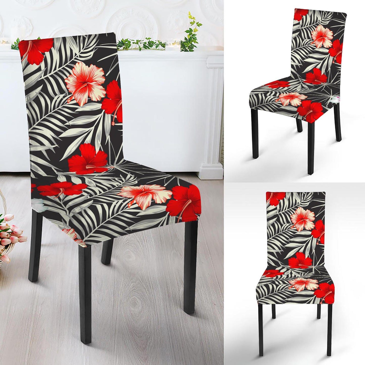 White Tropical Hibiscus Pattern Print Dining Chair Slipcover