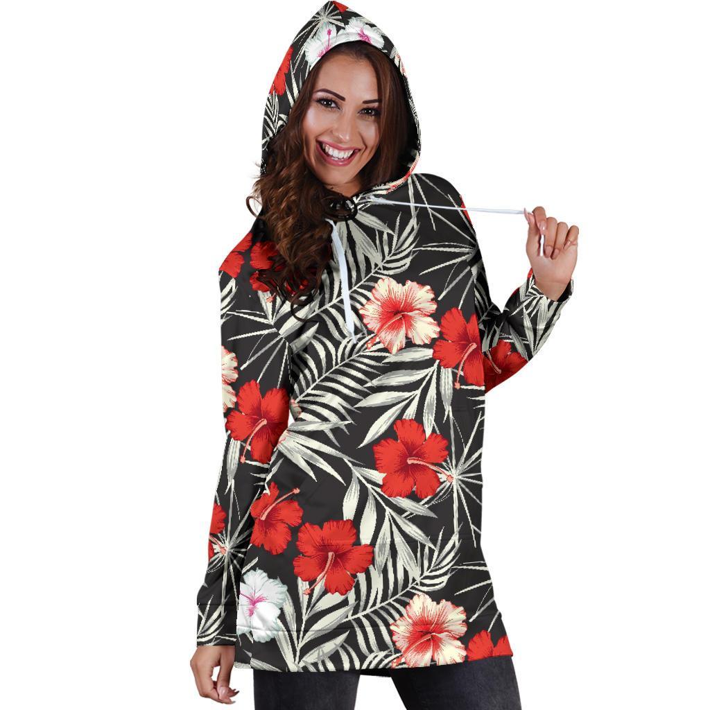 White Tropical Hibiscus Pattern Print Hoodie Dress GearFrost