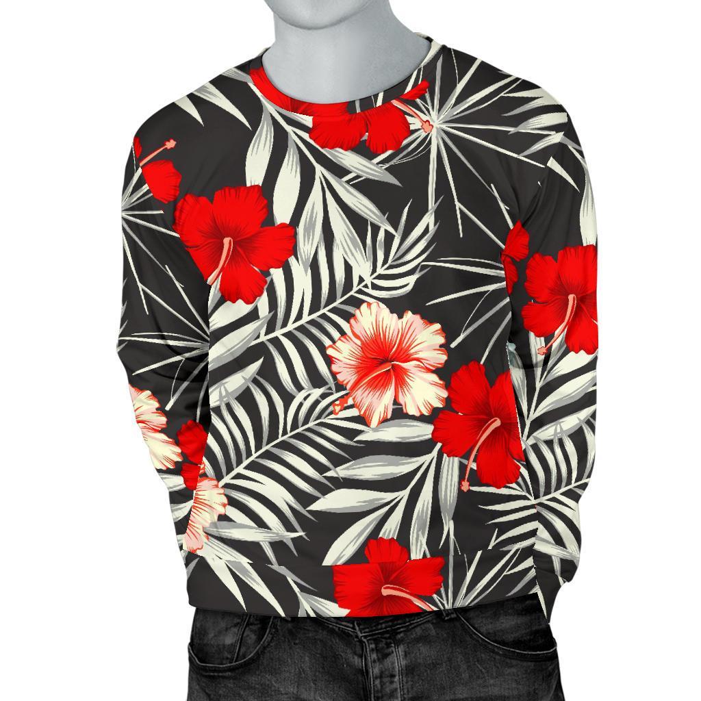 White Tropical Hibiscus Pattern Print Men's Crewneck Sweatshirt GearFrost