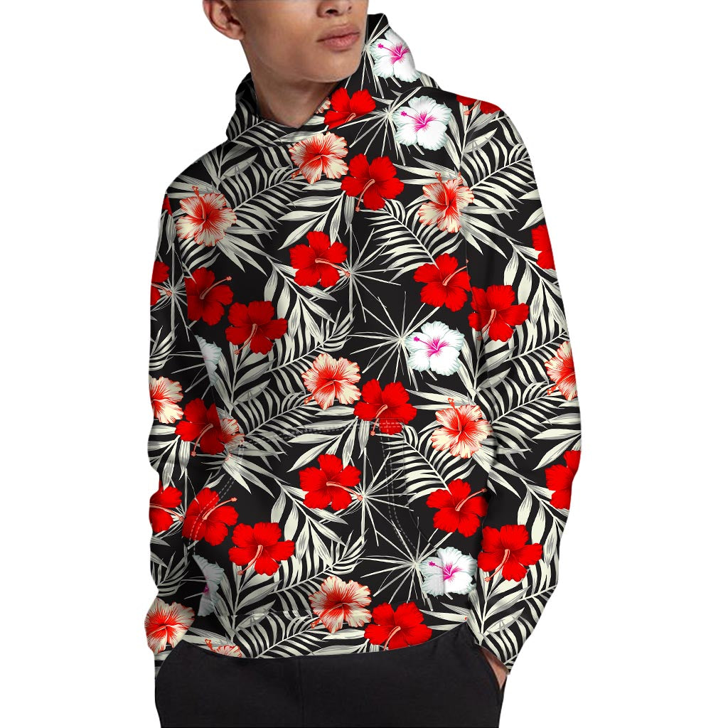 White Tropical Hibiscus Pattern Print Pullover Hoodie