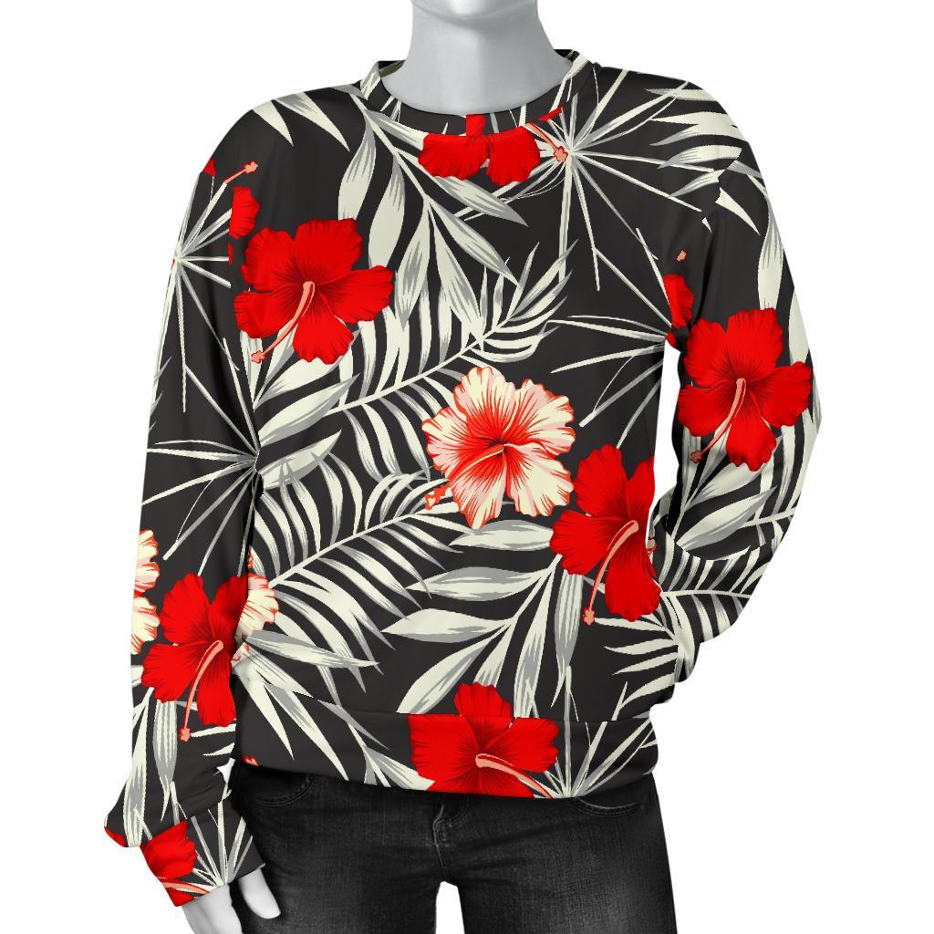 White Tropical Hibiscus Pattern Print Women's Crewneck Sweatshirt GearFrost