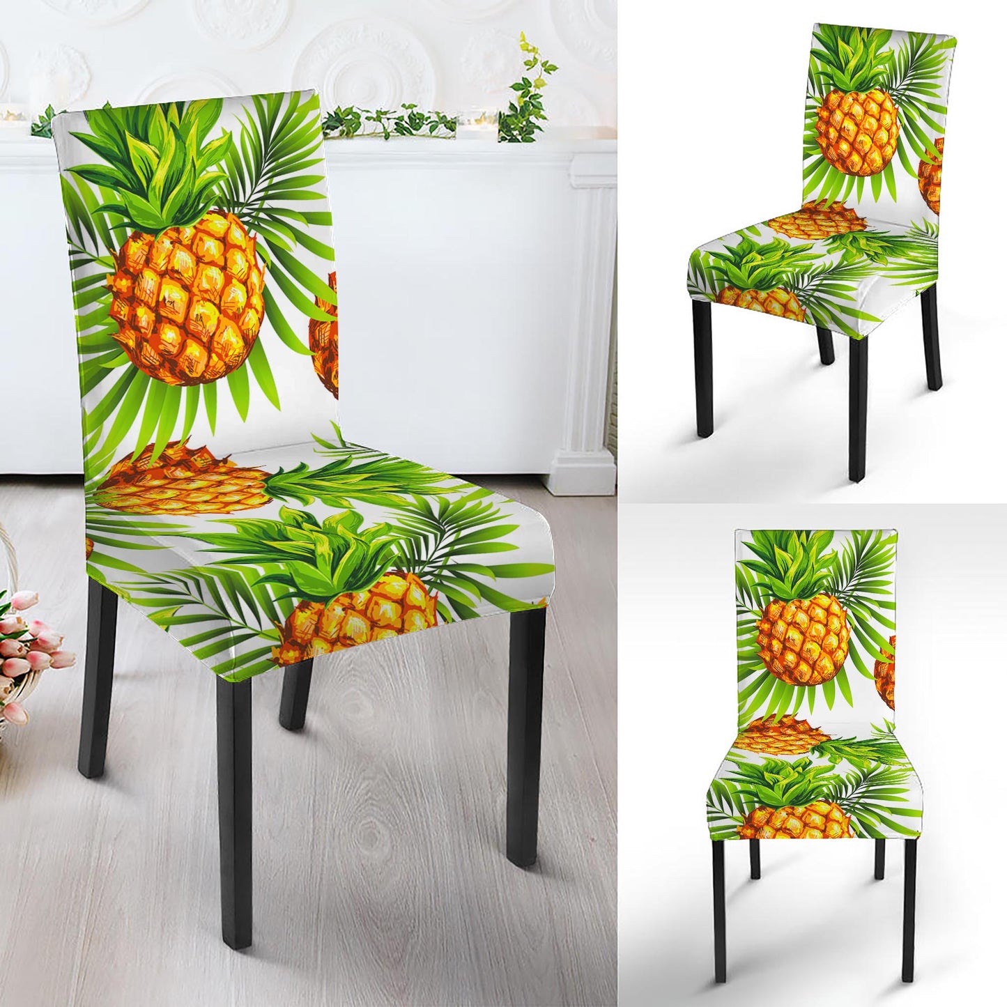 White Tropical Pineapple Pattern Print Dining Chair Slipcover