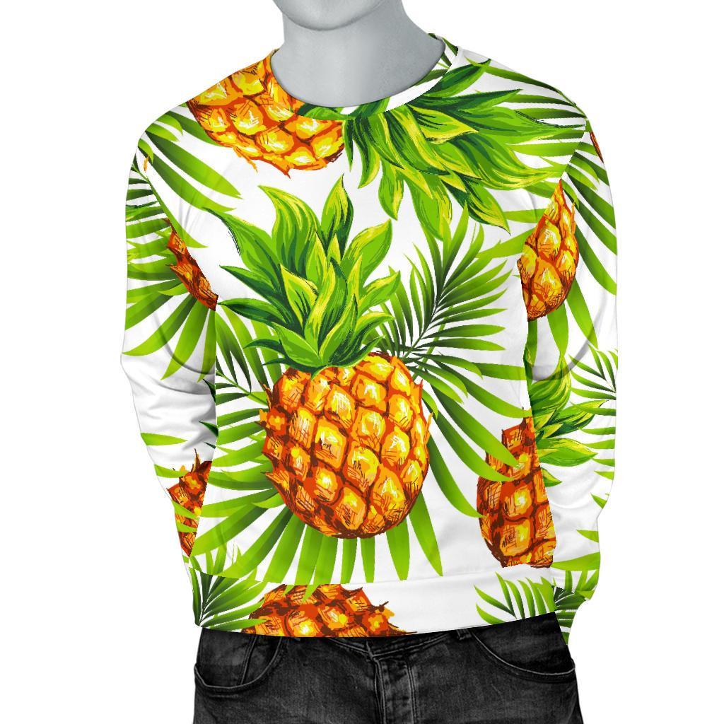 White Tropical Pineapple Pattern Print Men's Crewneck Sweatshirt GearFrost