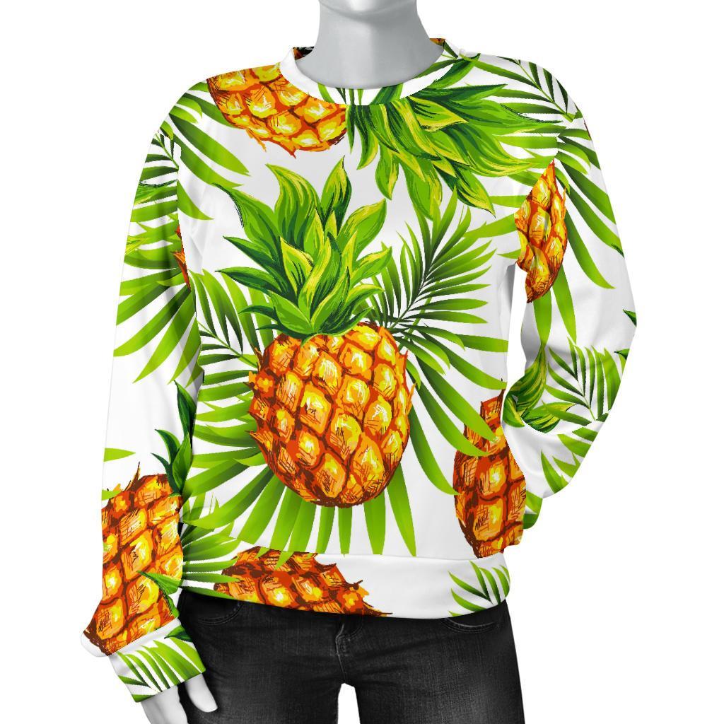 White Tropical Pineapple Pattern Print Women's Crewneck Sweatshirt GearFrost