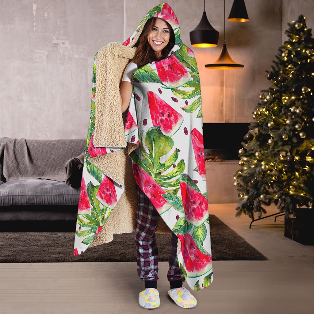 White Tropical Watermelon Pattern Print Hooded Blanket