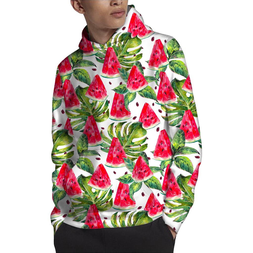 White Tropical Watermelon Pattern Print Pullover Hoodie