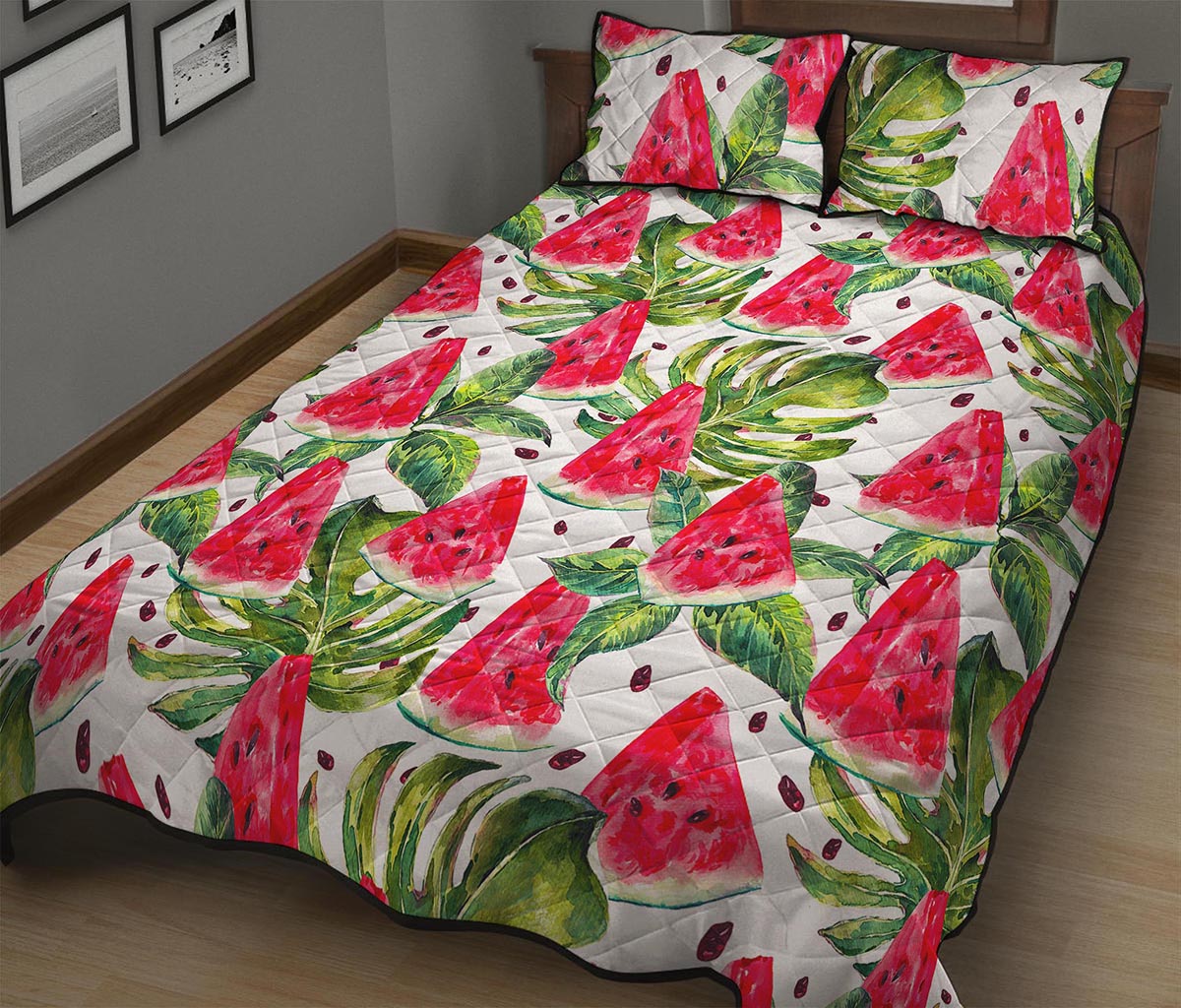 White Tropical Watermelon Pattern Print Quilt Bed Set