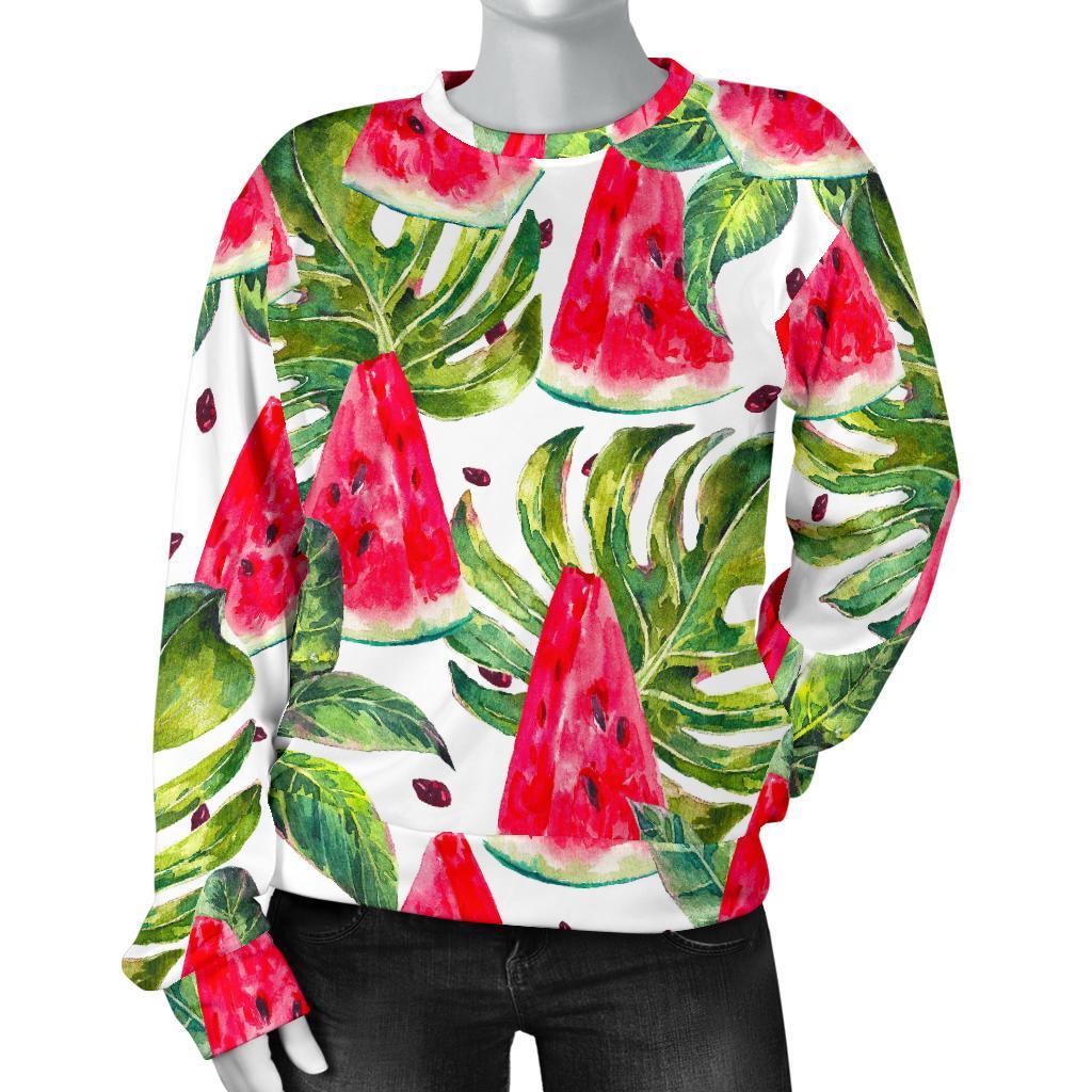White Tropical Watermelon Pattern Print Women's Crewneck Sweatshirt GearFrost