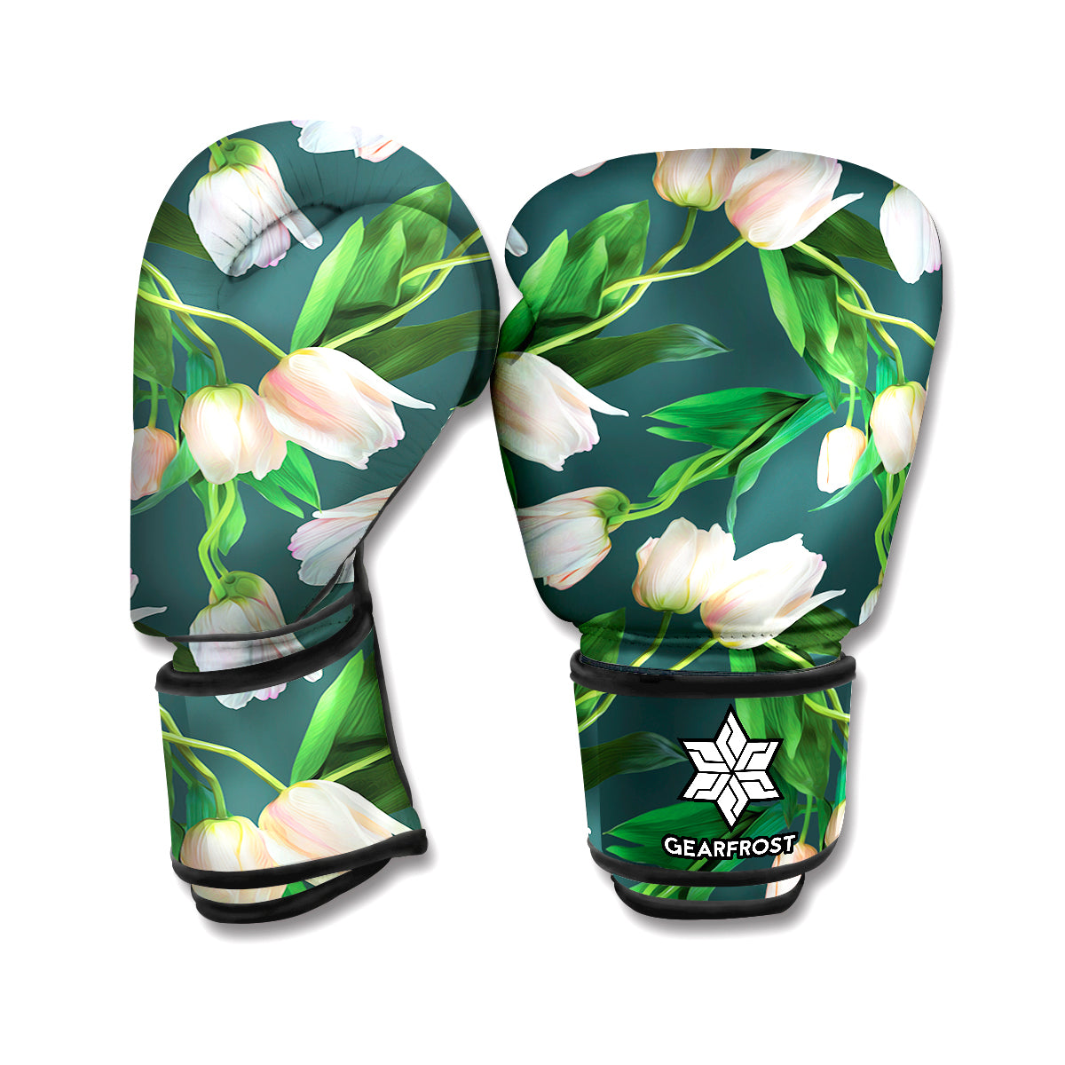 White Tulip Pattern Print Boxing Gloves