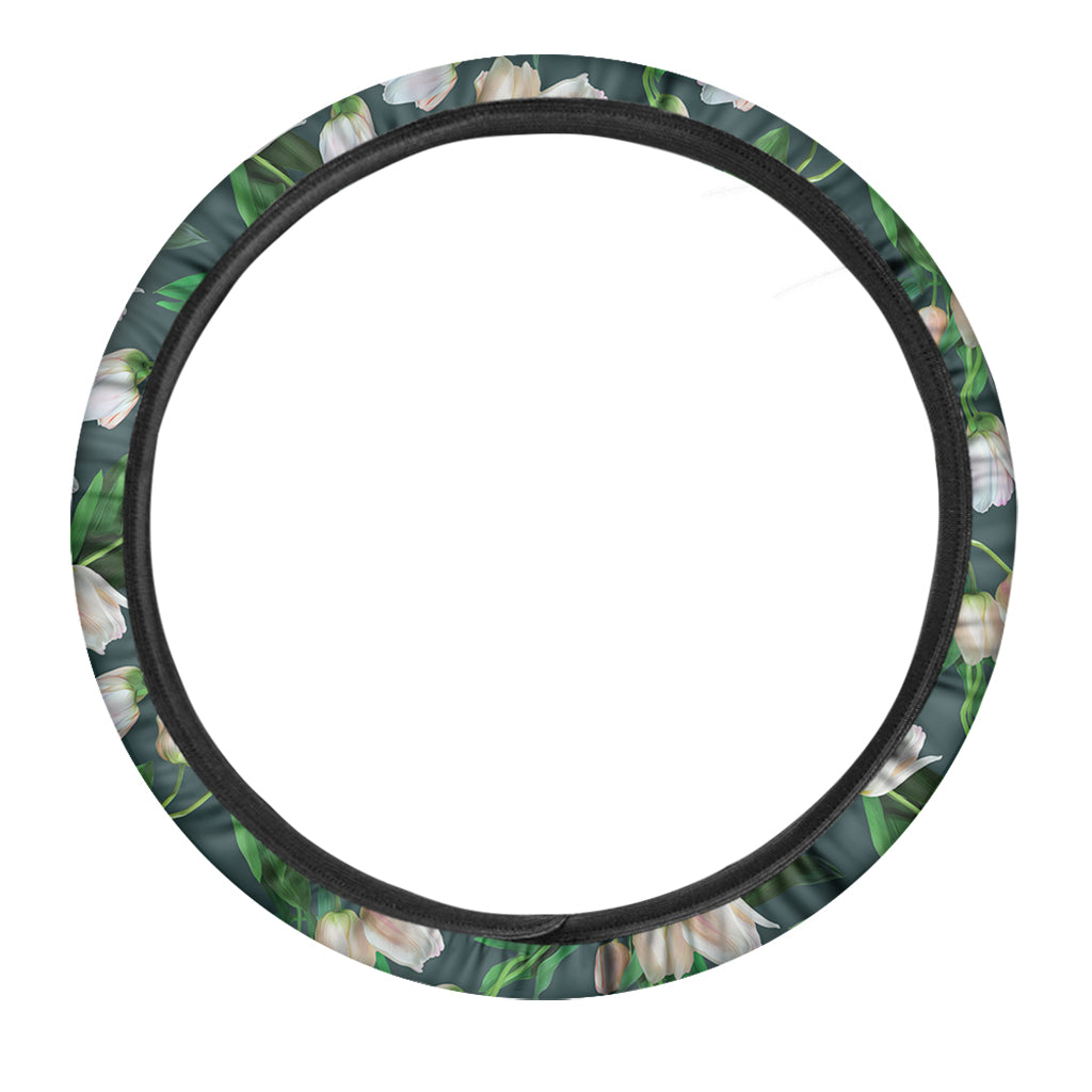 White Tulip Pattern Print Car Steering Wheel Cover