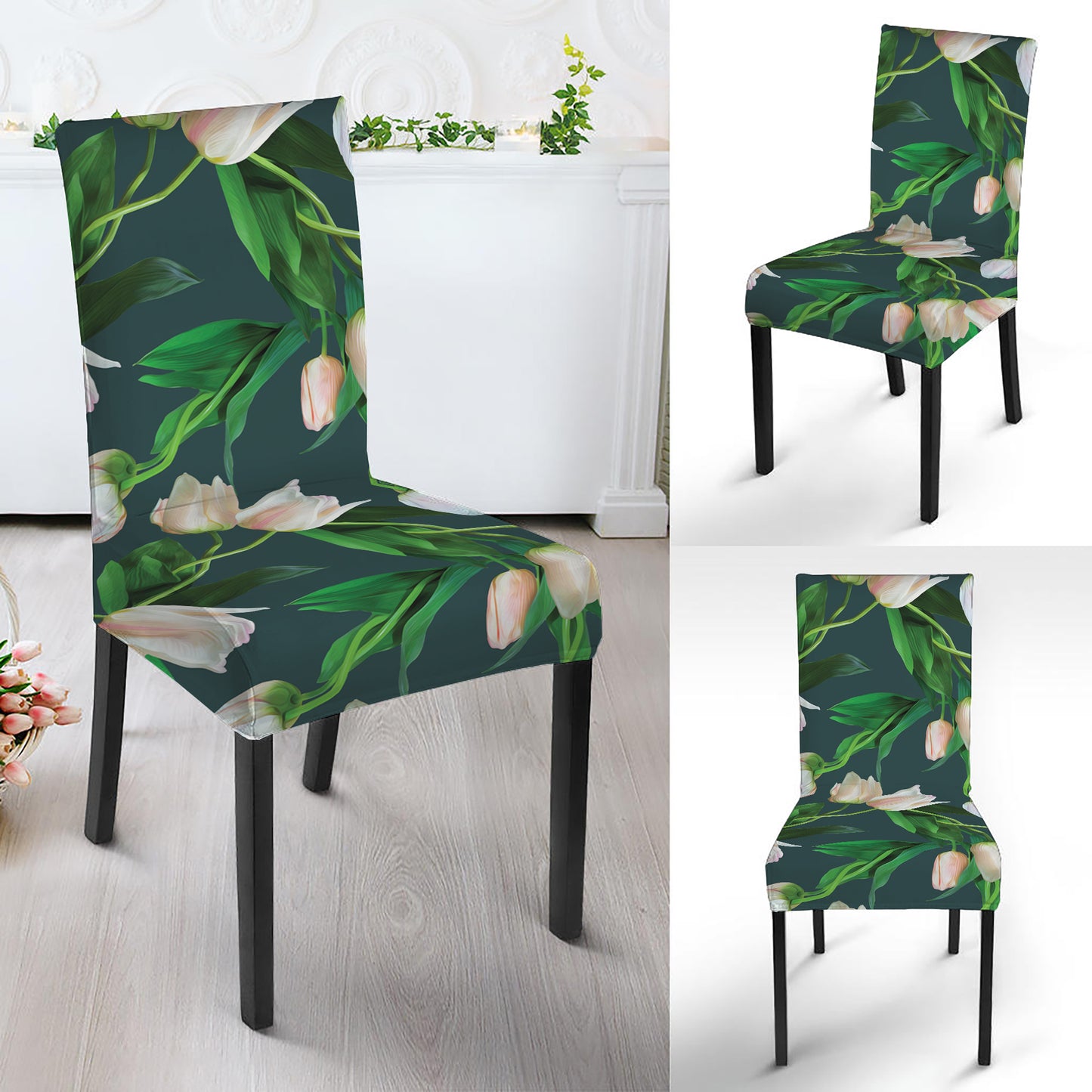 White Tulip Pattern Print Dining Chair Slipcover