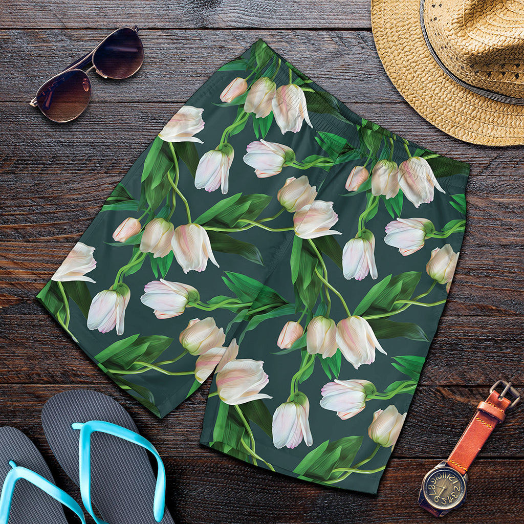 White Tulip Pattern Print Men's Shorts