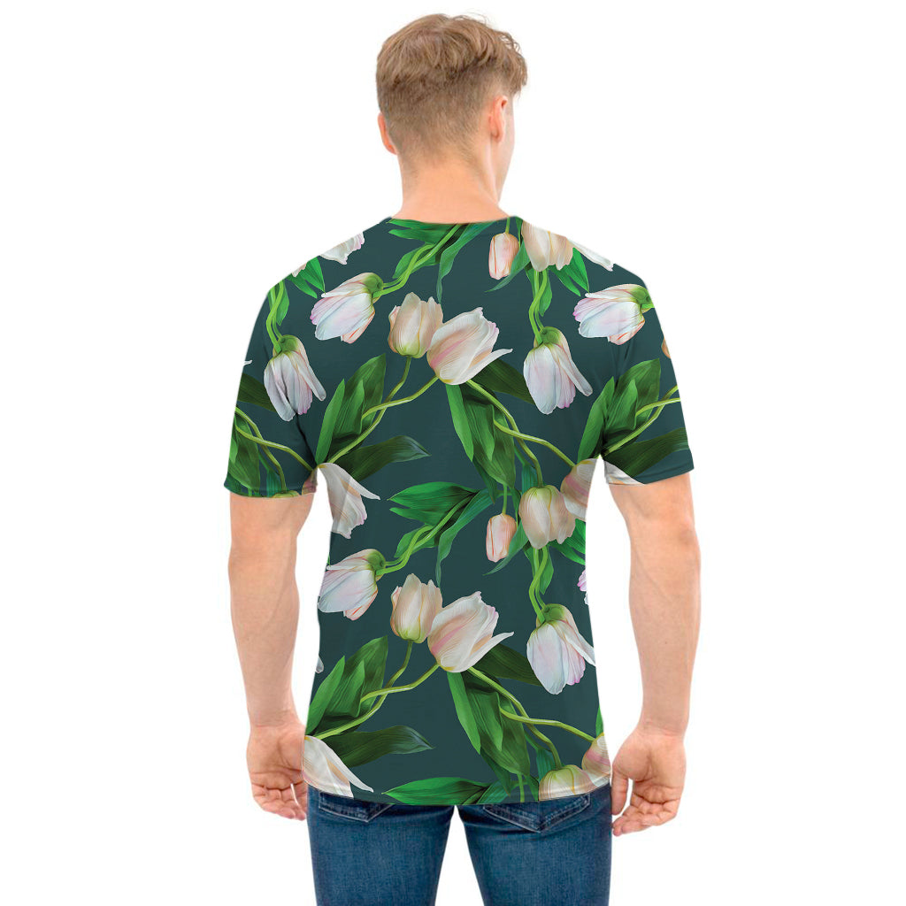 White Tulip Pattern Print Men's T-Shirt