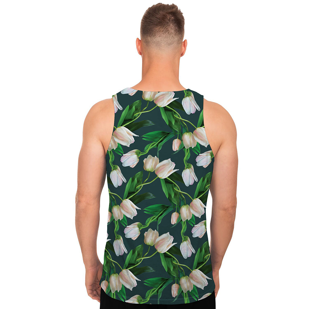 White Tulip Pattern Print Men's Tank Top