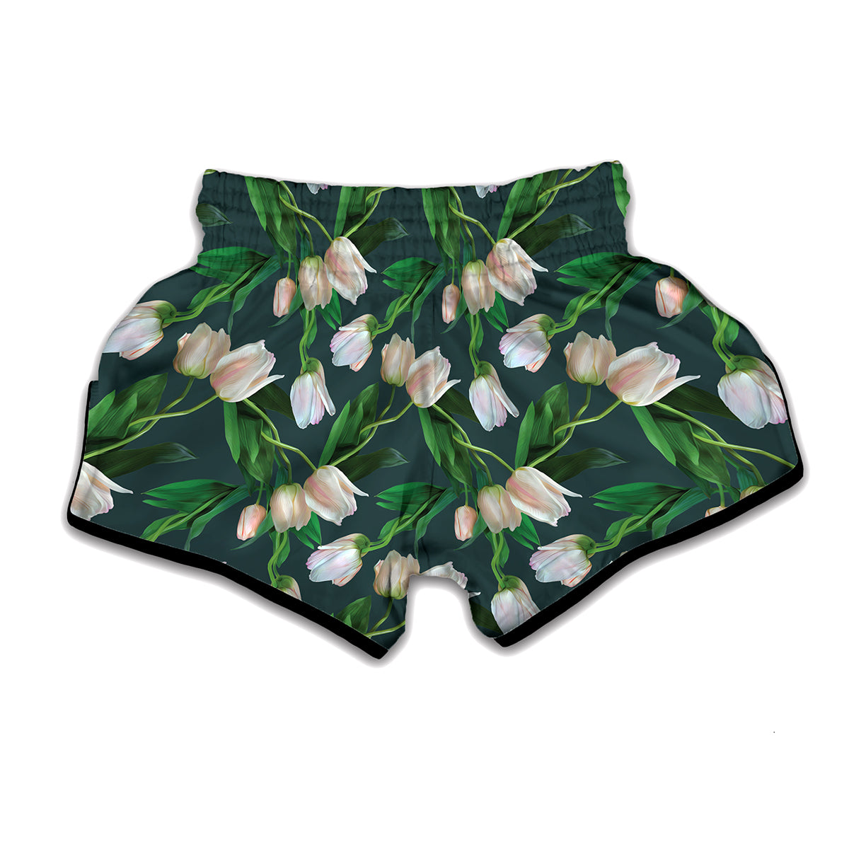 White Tulip Pattern Print Muay Thai Boxing Shorts