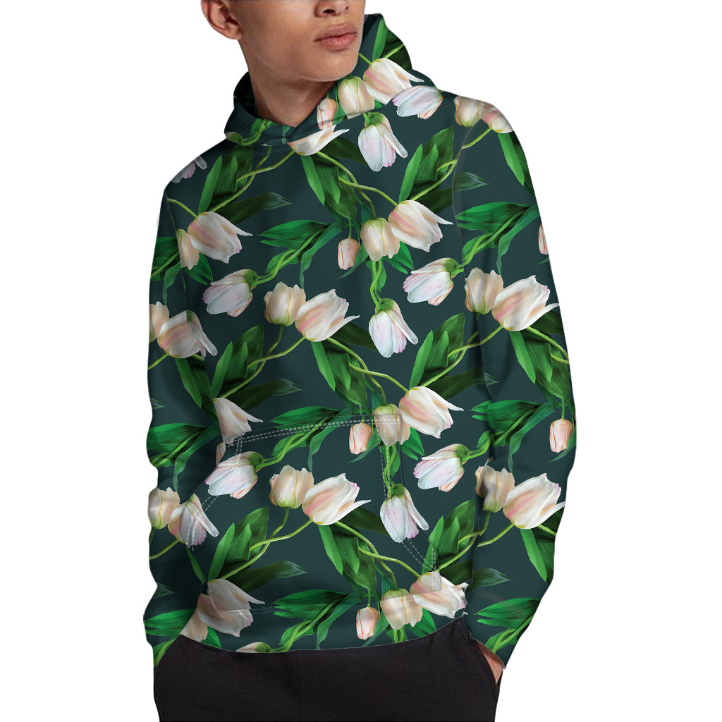 White Tulip Pattern Print Pullover Hoodie