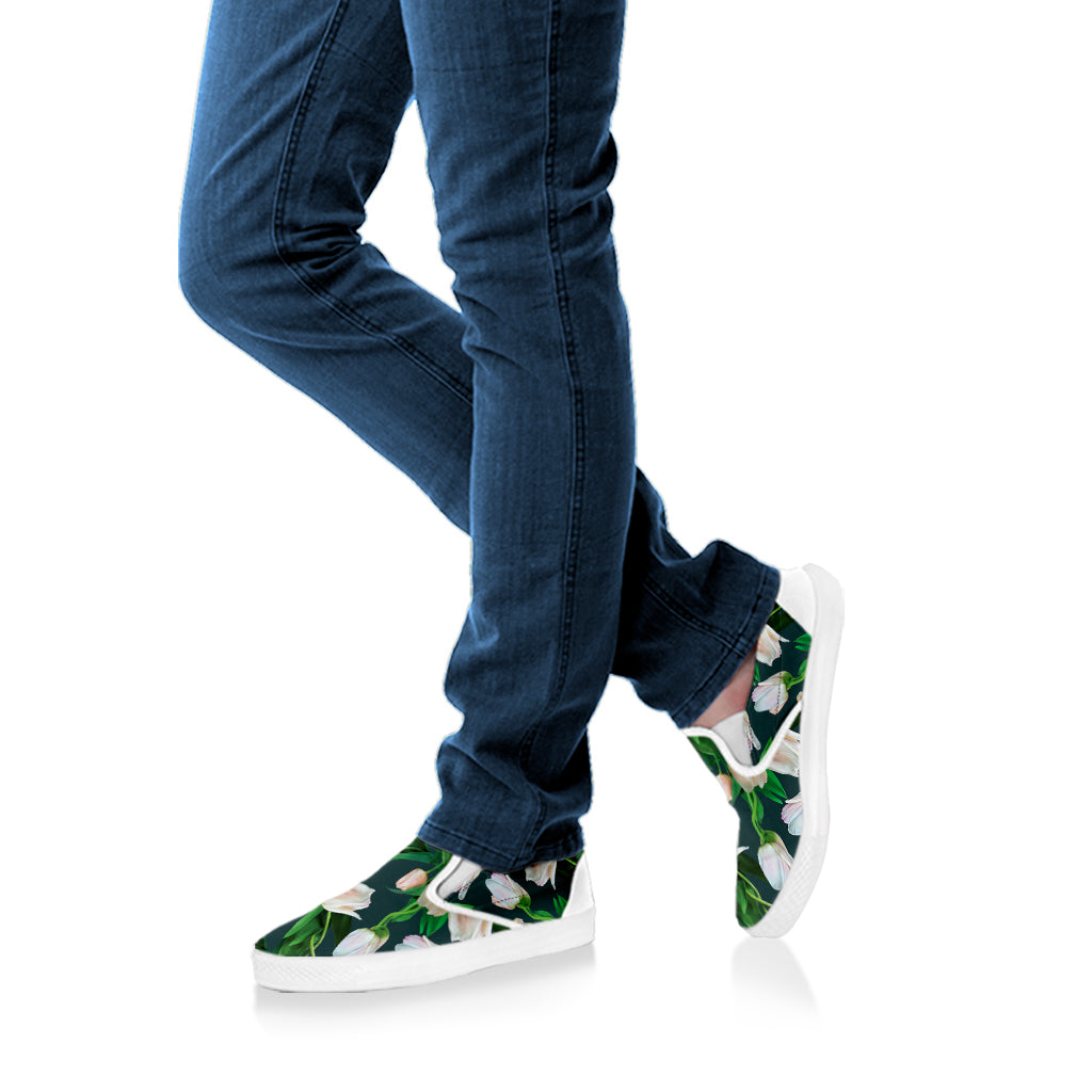 White Tulip Pattern Print White Slip On Shoes