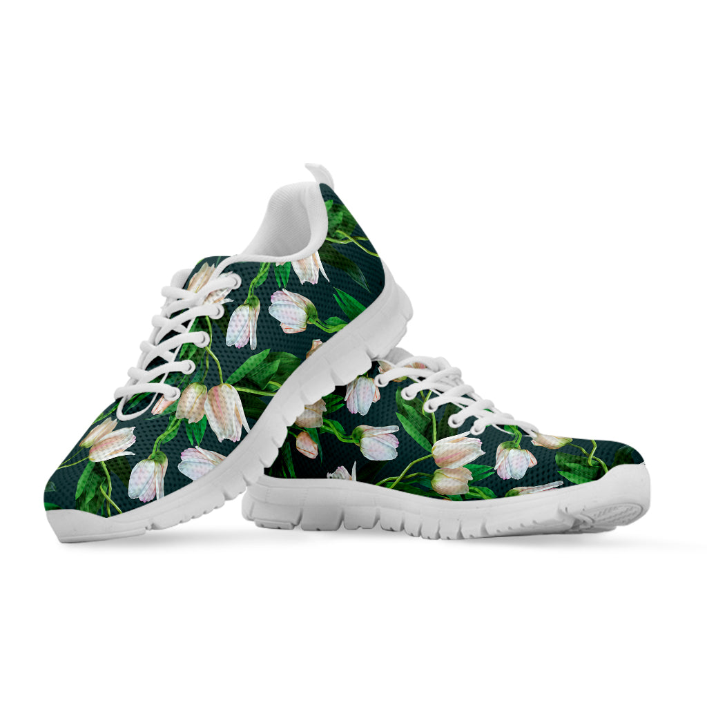 White Tulip Pattern Print White Sneakers