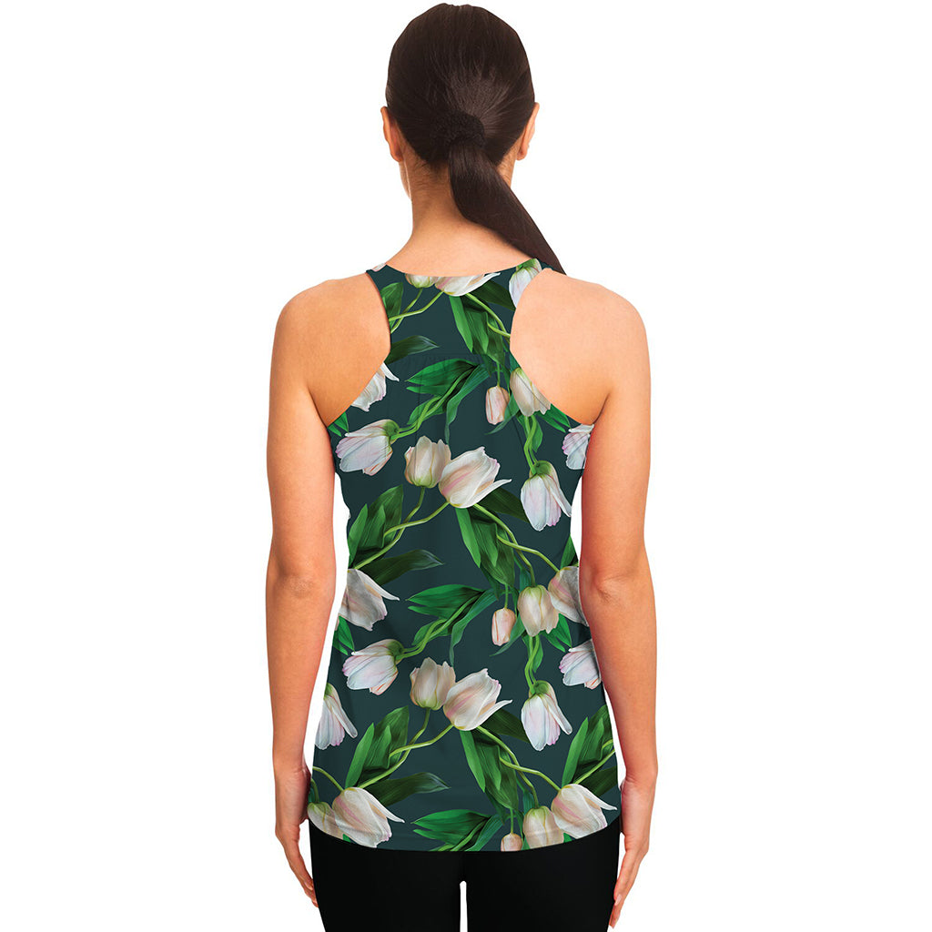 White Tulip Pattern Print Women's Racerback Tank Top