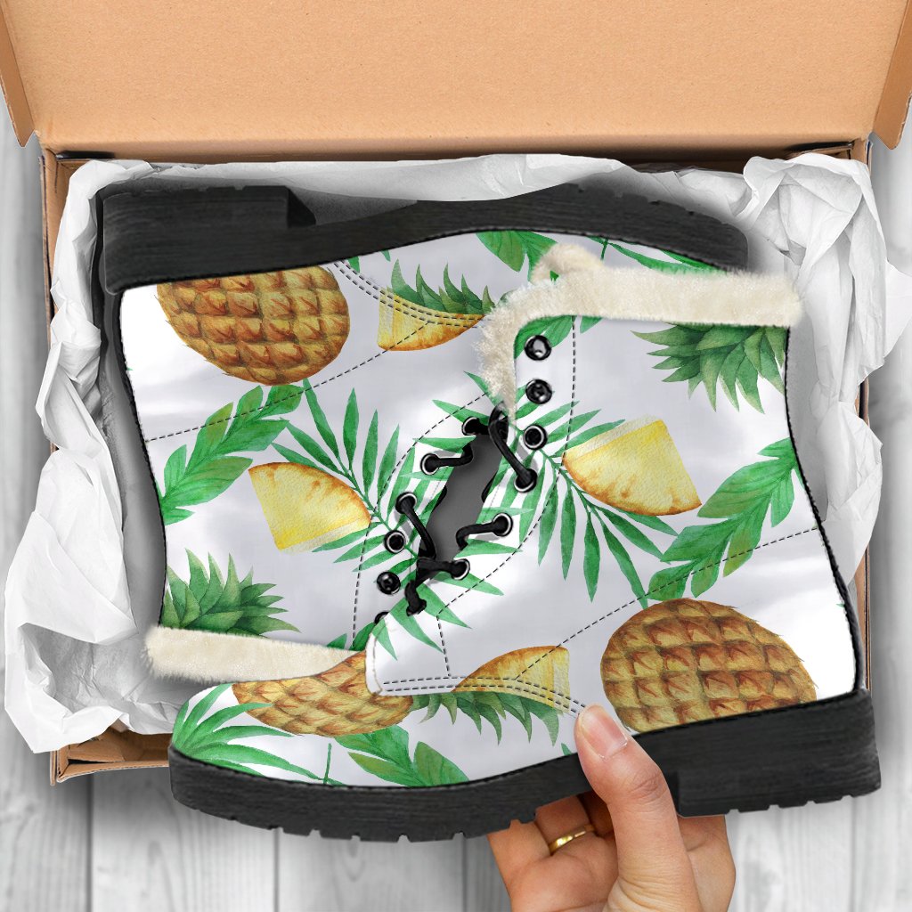 White Watercolor Pineapple Pattern Print Comfy Boots GearFrost