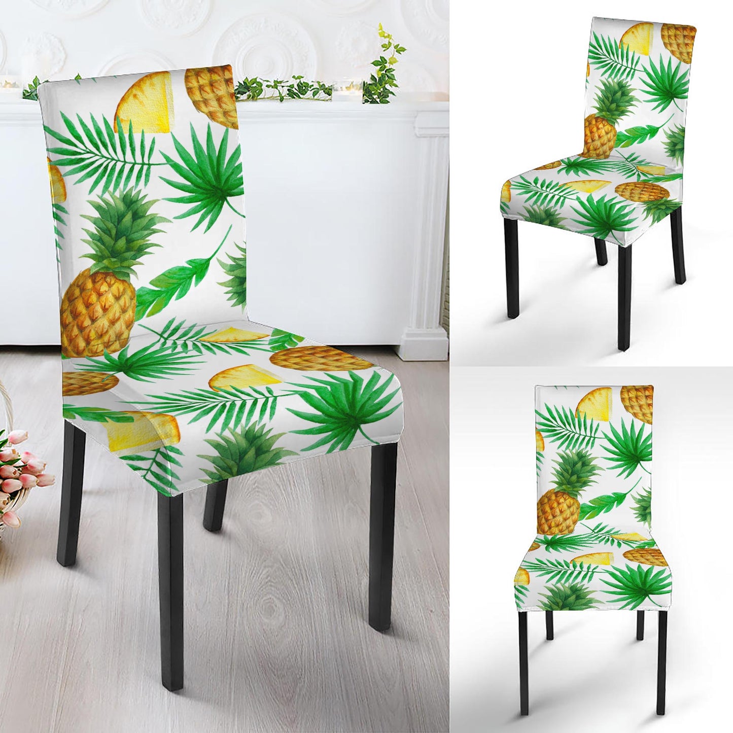 White Watercolor Pineapple Pattern Print Dining Chair Slipcover