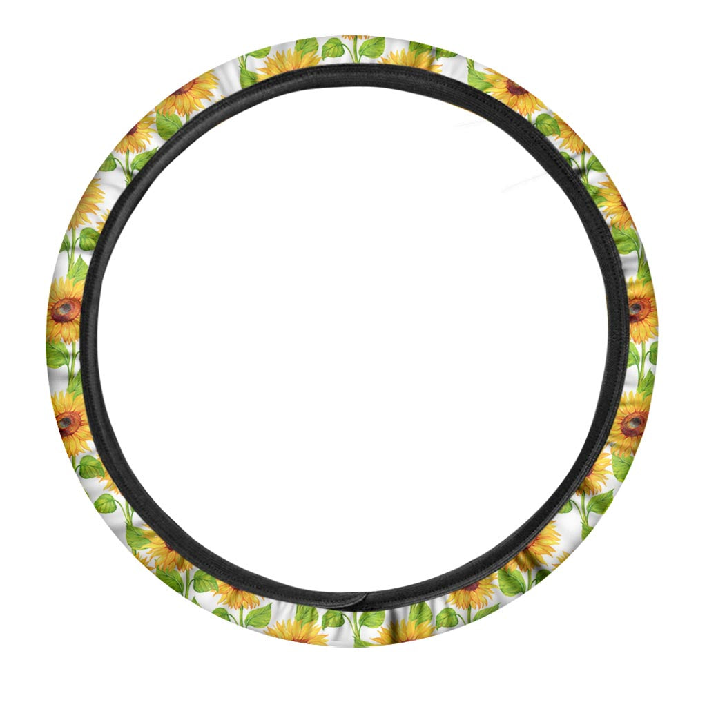 White Watercolor Sunflower Pattern Print Car Steering Wheel Cover