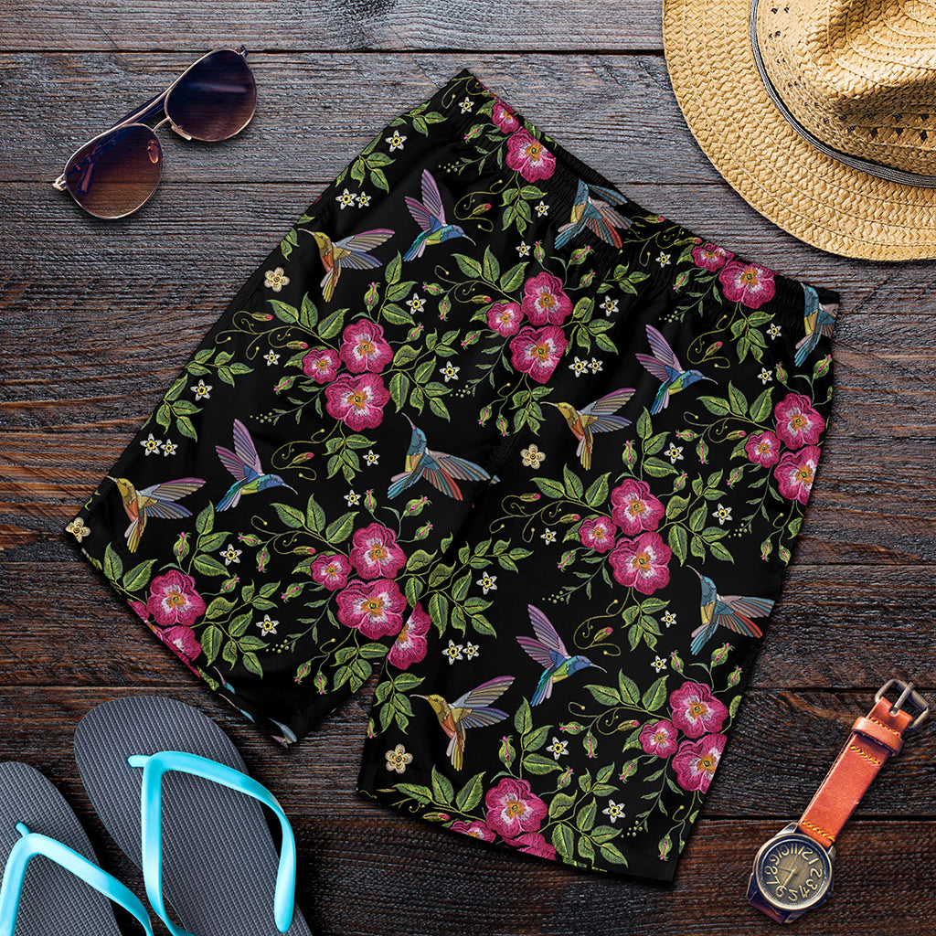 Wild Flowers And Hummingbird Print Men's Shorts