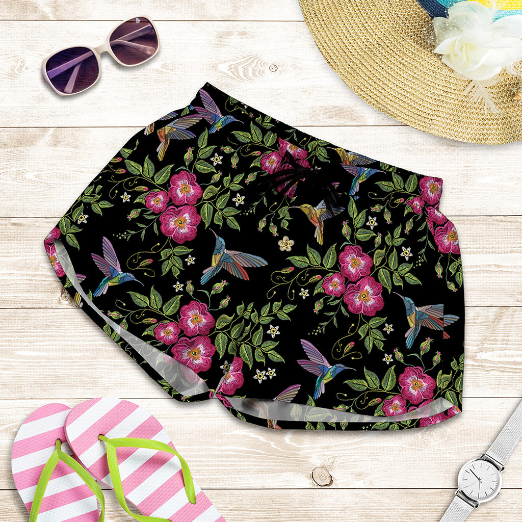 Wild Flowers And Hummingbird Print Women's Shorts
