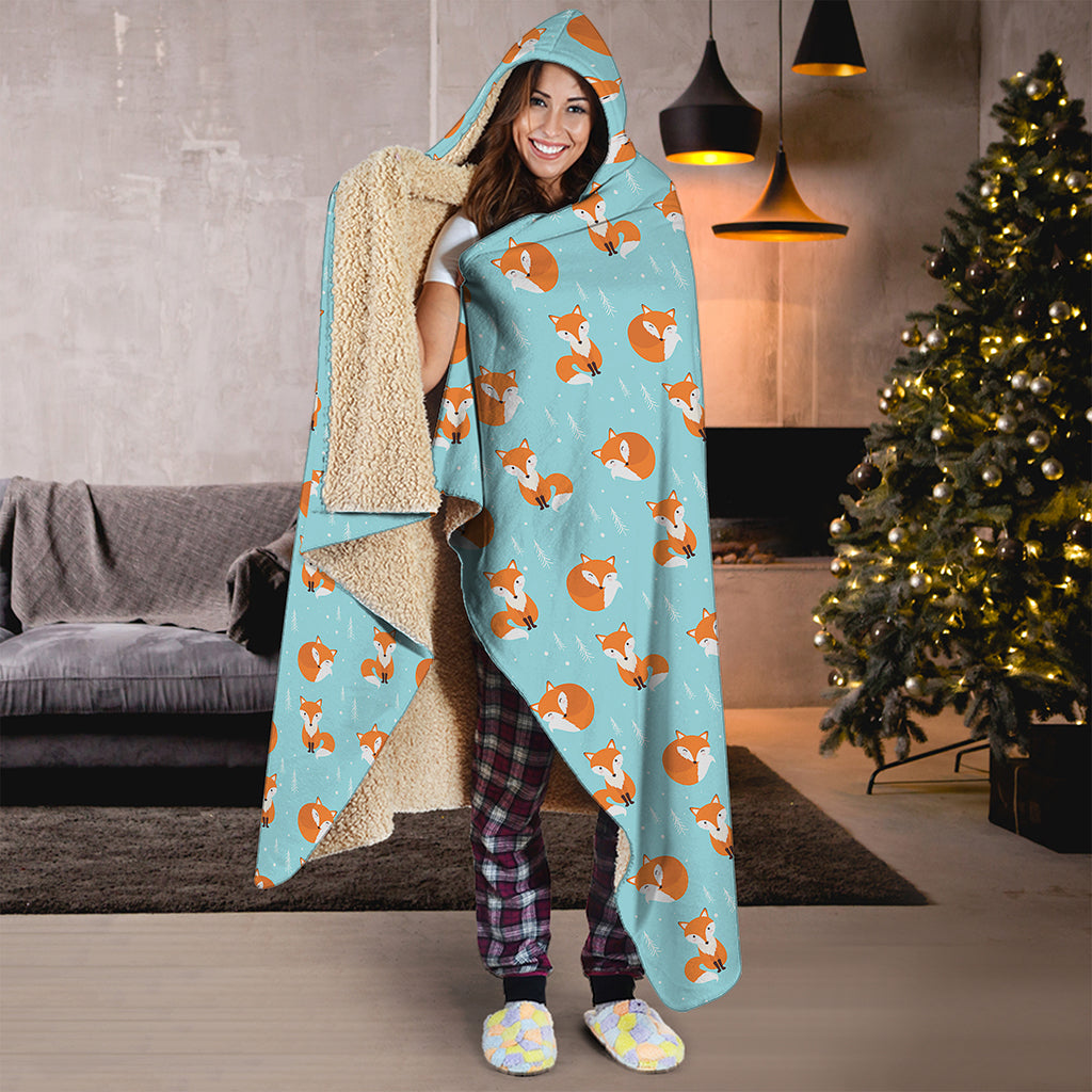 Winter Fox Pattern Print Hooded Blanket