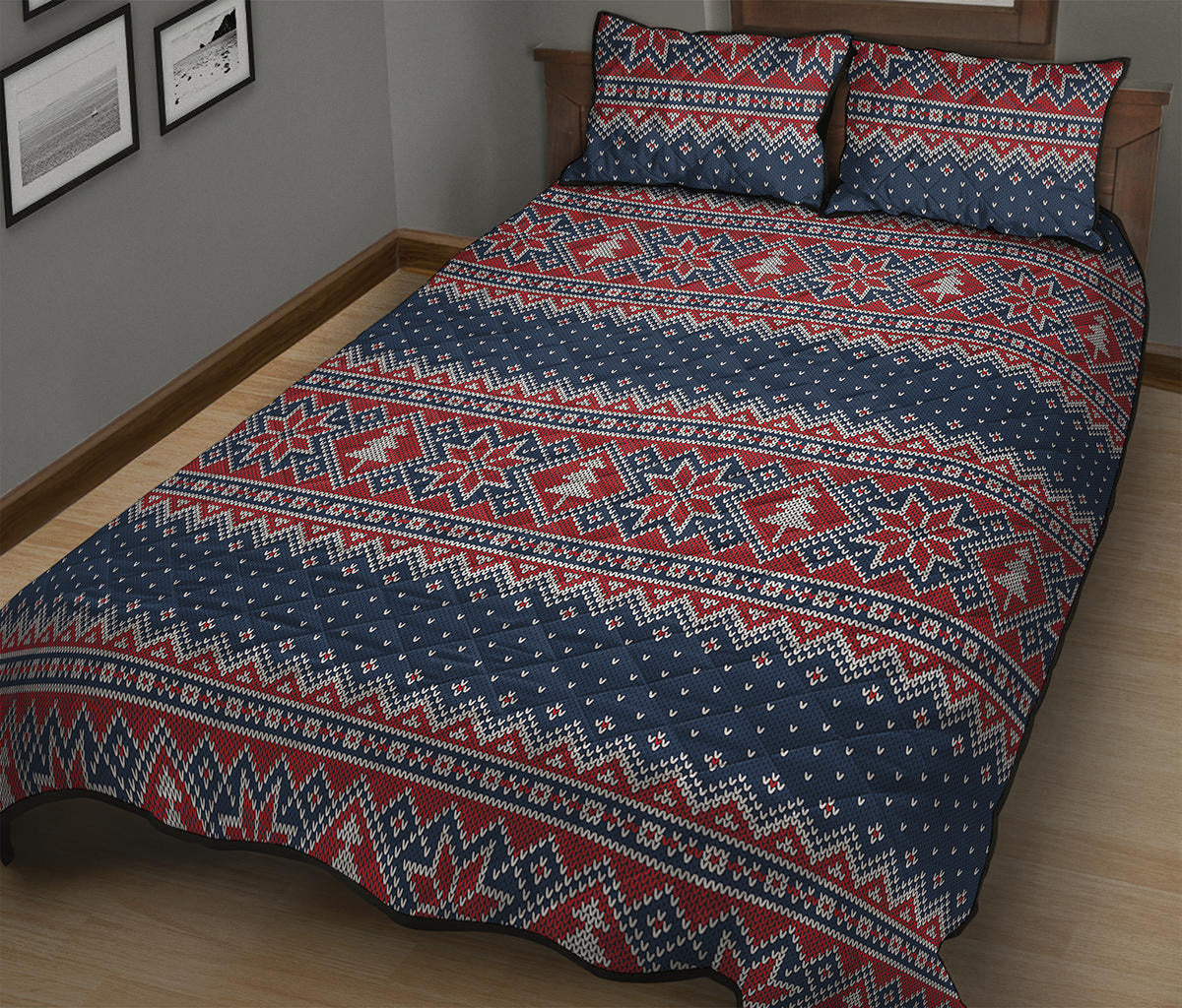 Winter Holiday Knitted Pattern Print Quilt Bed Set