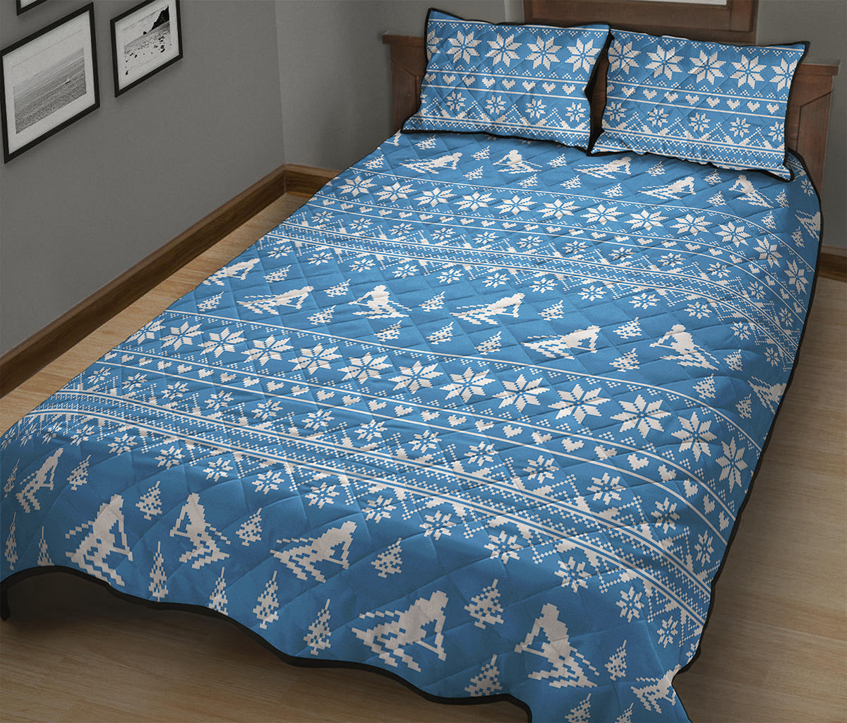Winter Ski Knitting Pattern Print Quilt Bed Set
