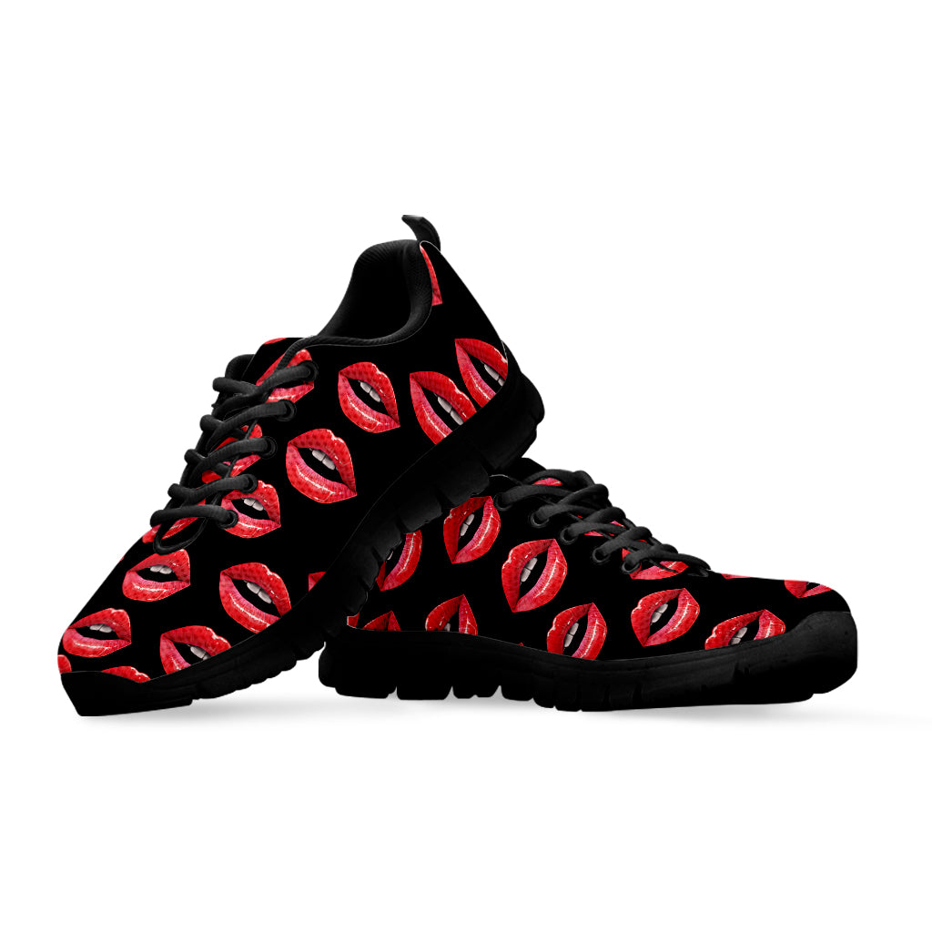 Women's Lips Pattern Print Black Sneakers