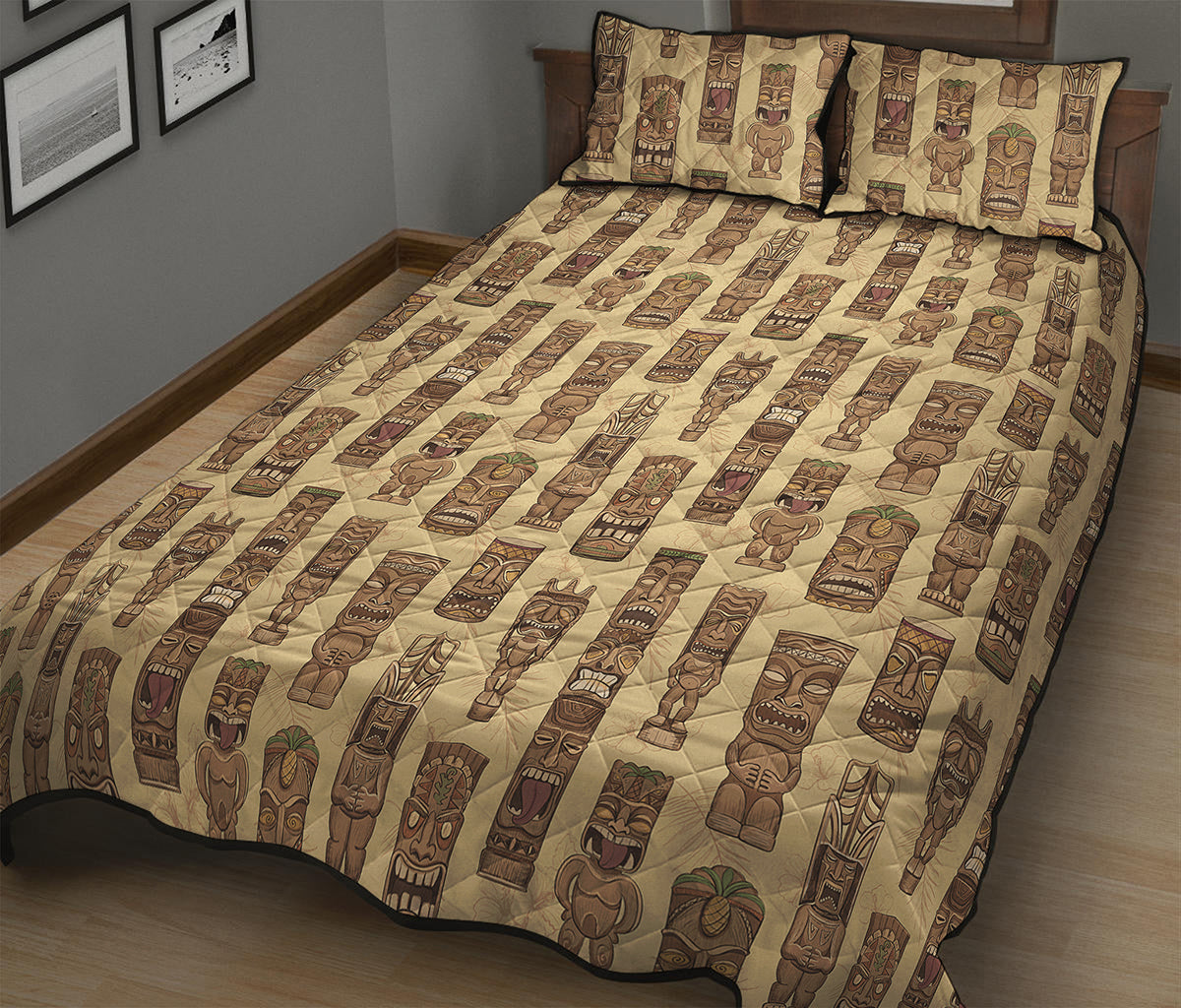 Wooden Tiki Pattern Print Quilt Bed Set