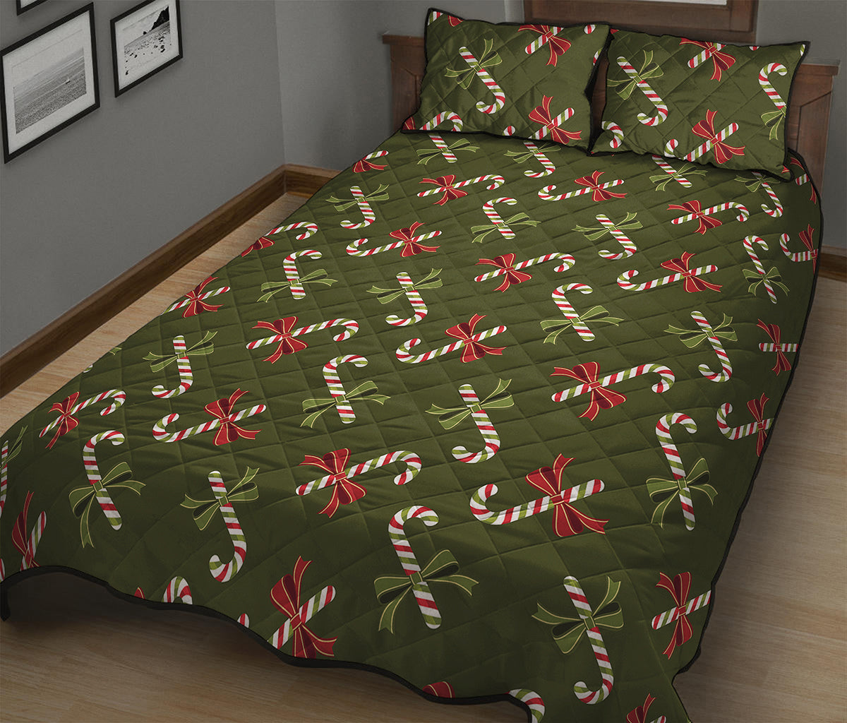 Xmas Candy Cane Pattern Print Quilt Bed Set