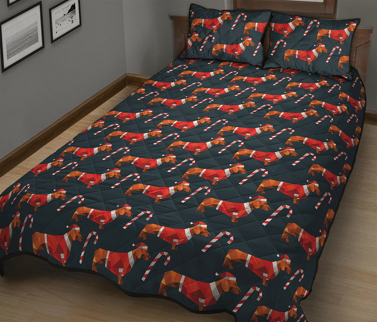 Xmas Dachshund Pattern Print Quilt Bed Set