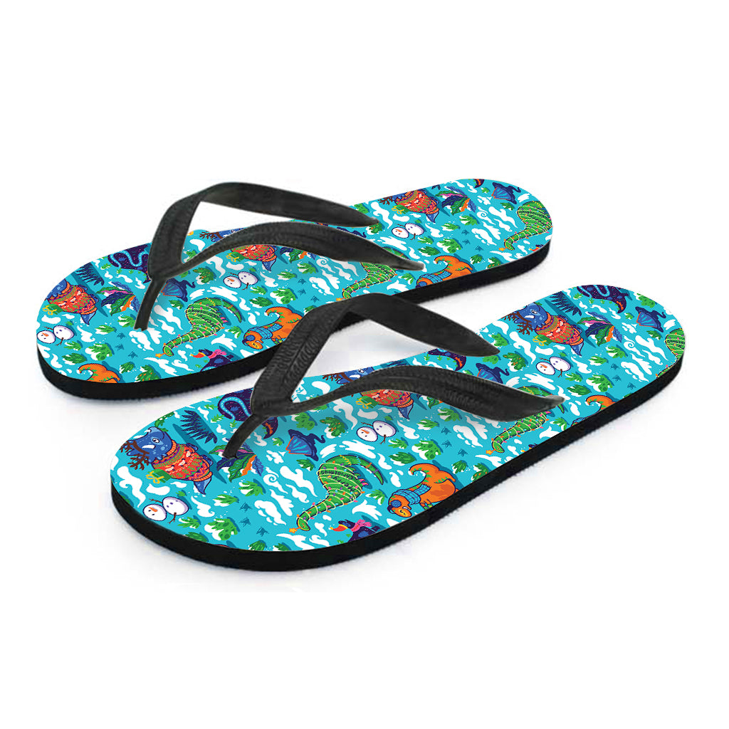 Xmas Dinosaur Pattern Print Flip Flops