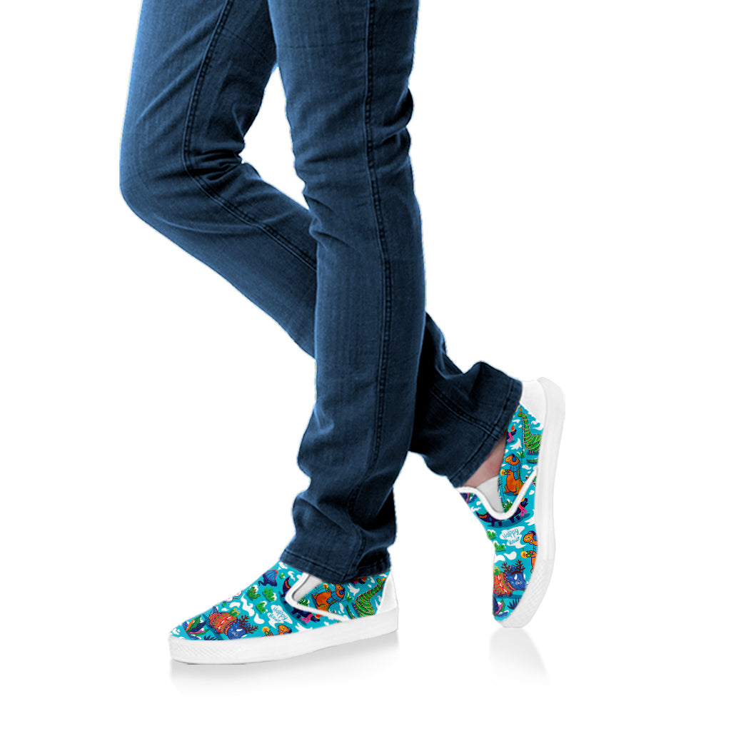 Xmas Dinosaur Pattern Print White Slip On Shoes