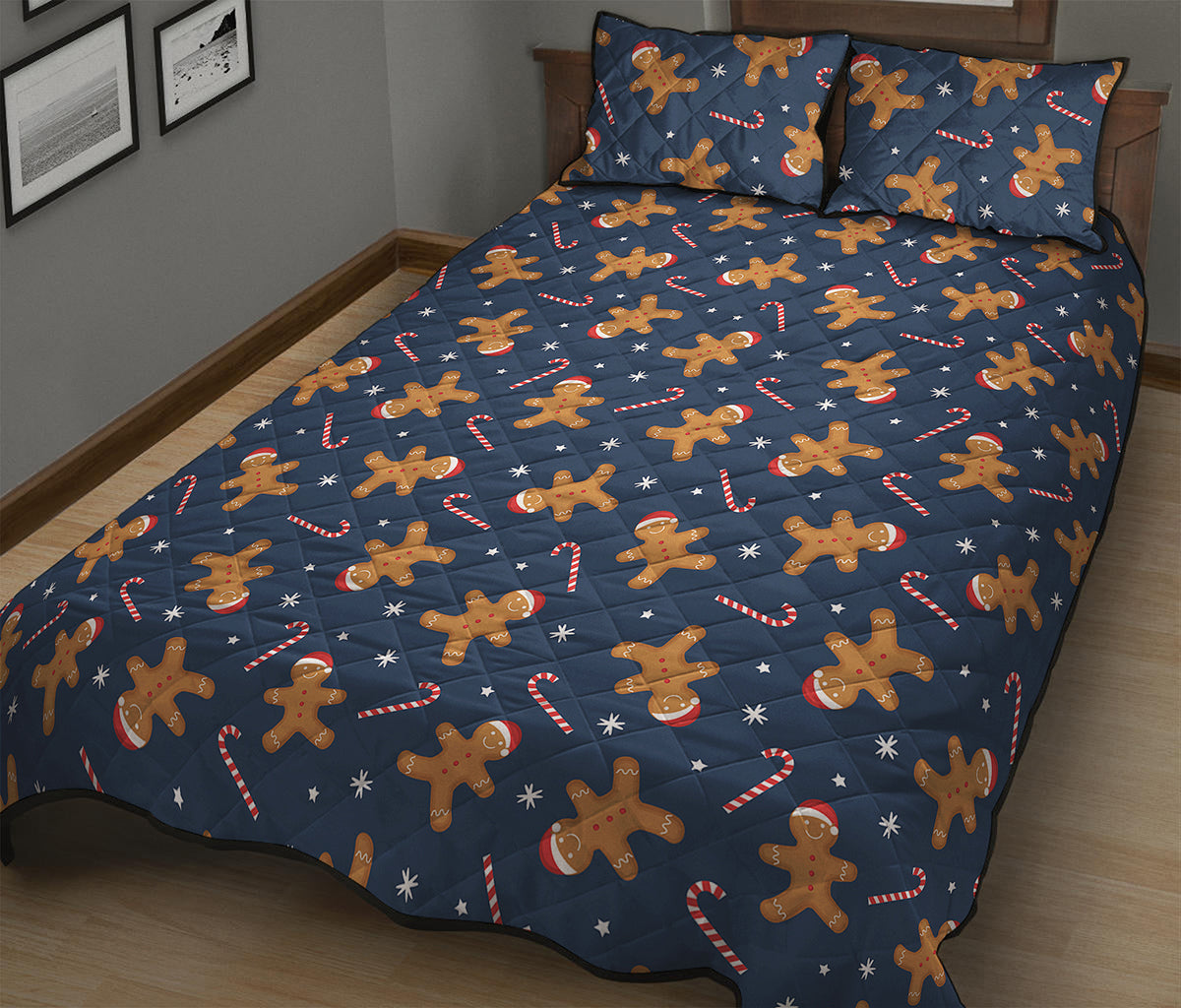 Xmas Gingerbread Man Pattern Print Quilt Bed Set