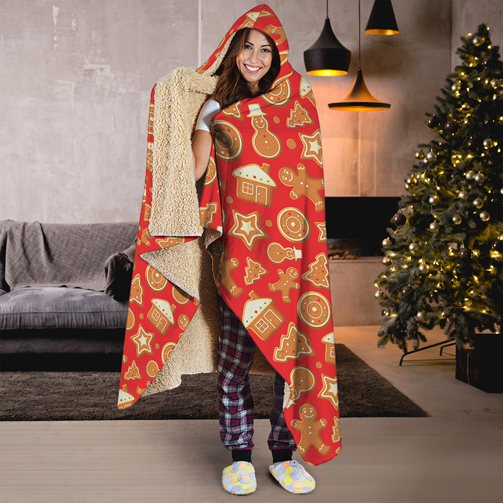 Xmas Gingerbread Pattern Print Hooded Blanket