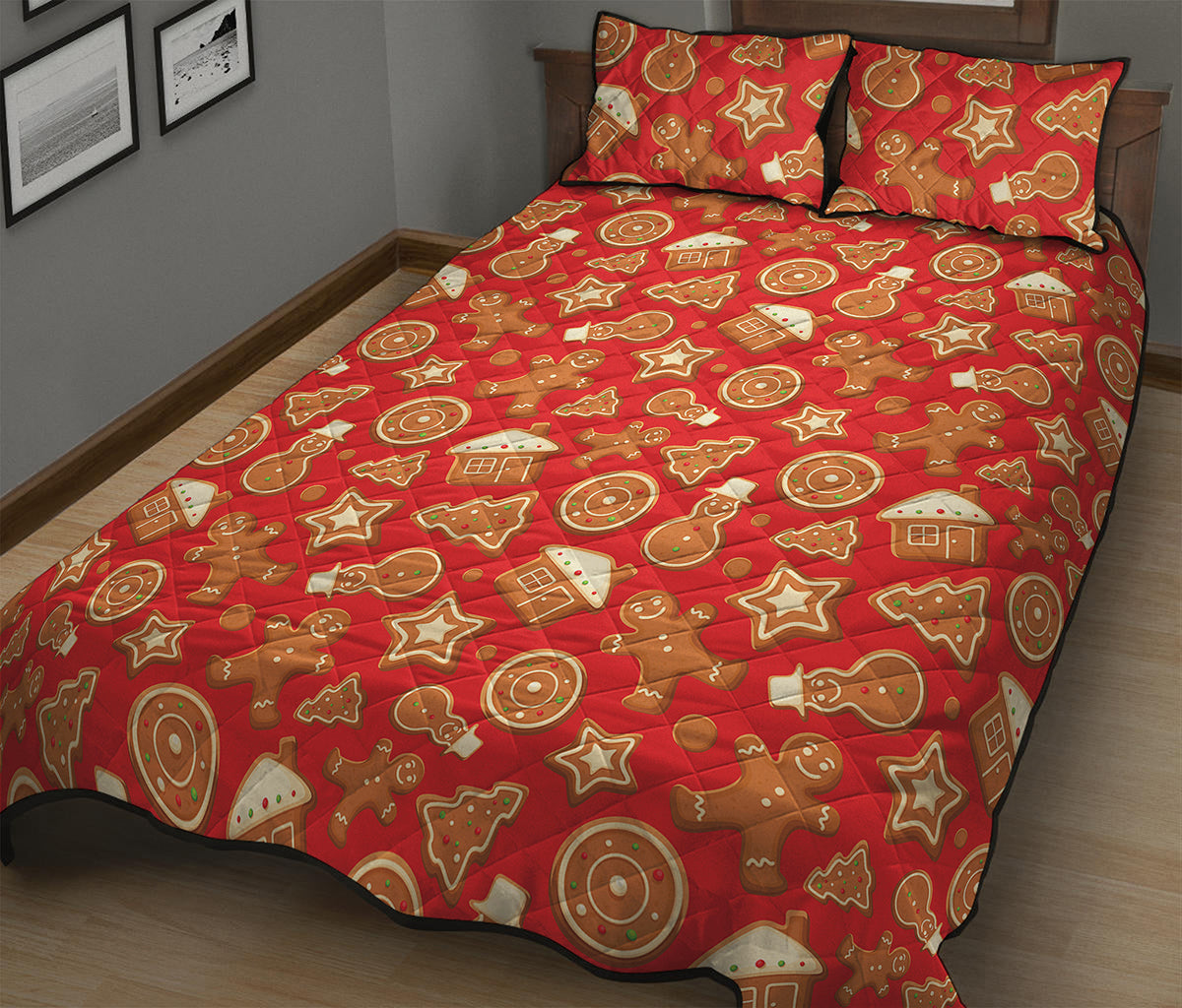Xmas Gingerbread Pattern Print Quilt Bed Set