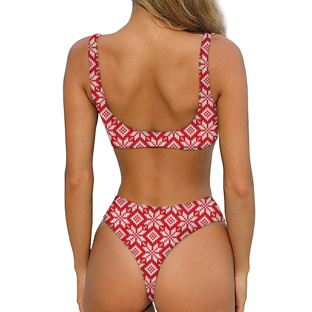 Xmas Nordic Knitted Pattern Print Front Bow Tie Bikini