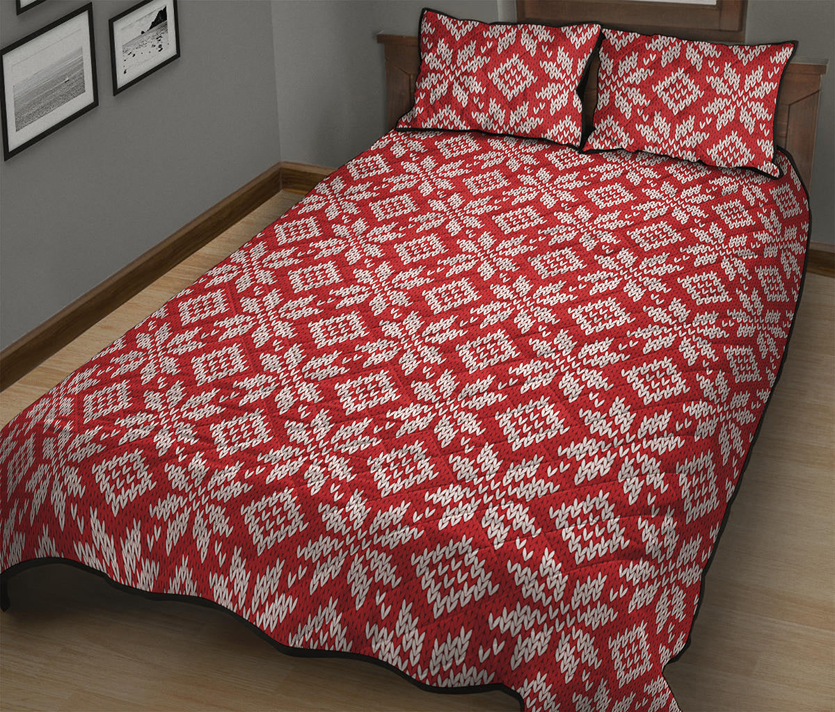 Xmas Nordic Knitted Pattern Print Quilt Bed Set