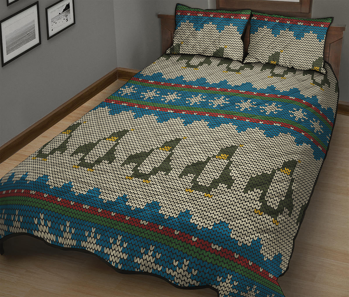 Xmas Penguin Pattern Print Quilt Bed Set