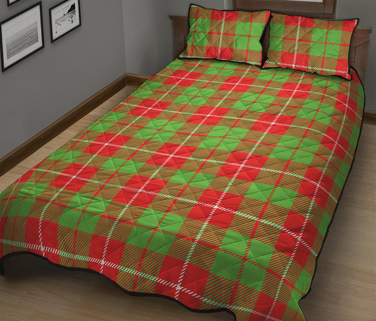 Xmas Plaid Pattern Print Quilt Bed Set