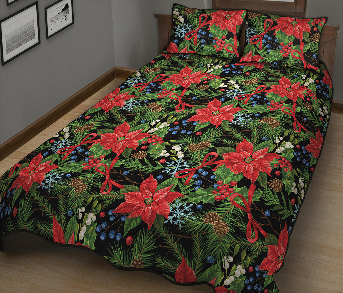 Xmas Poinsettia Pattern Print Quilt Bed Set