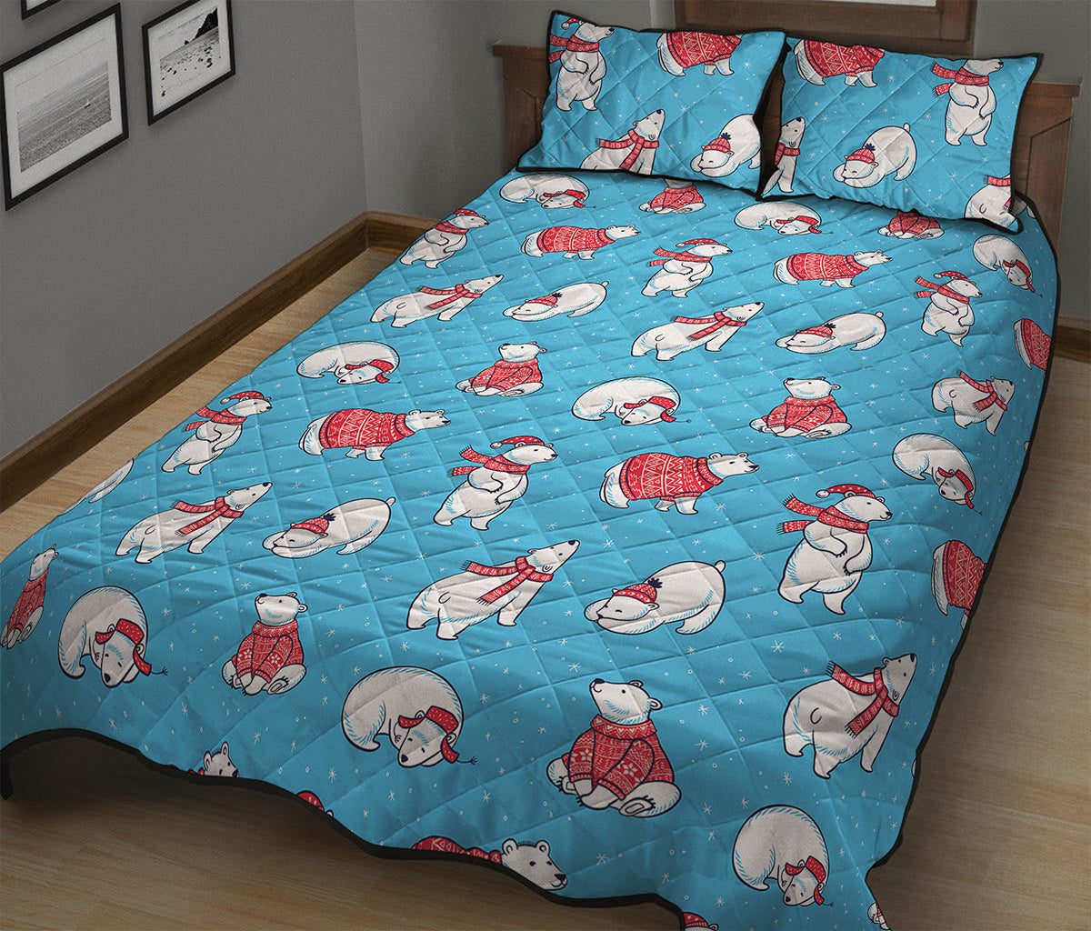 Xmas Polar Bear Pattern Print Quilt Bed Set