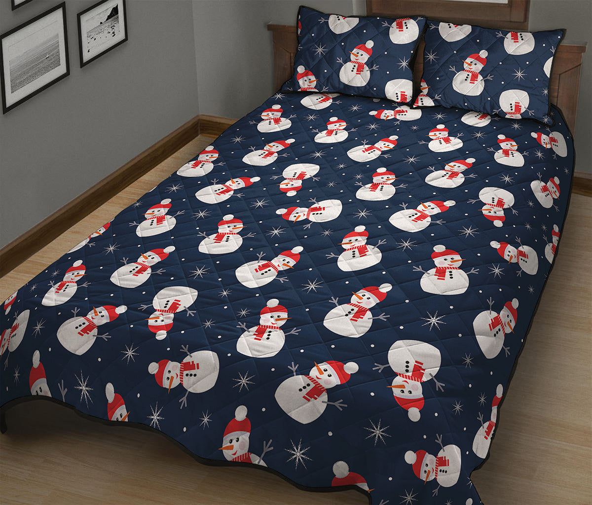 Xmas Snowman Pattern Print Quilt Bed Set