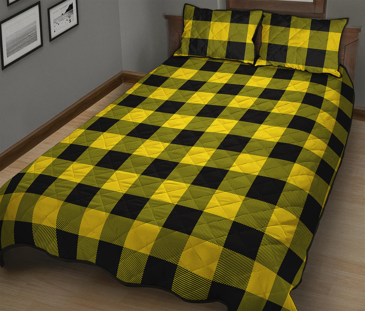 Yellow And Black Buffalo Check Print Quilt Bed Set