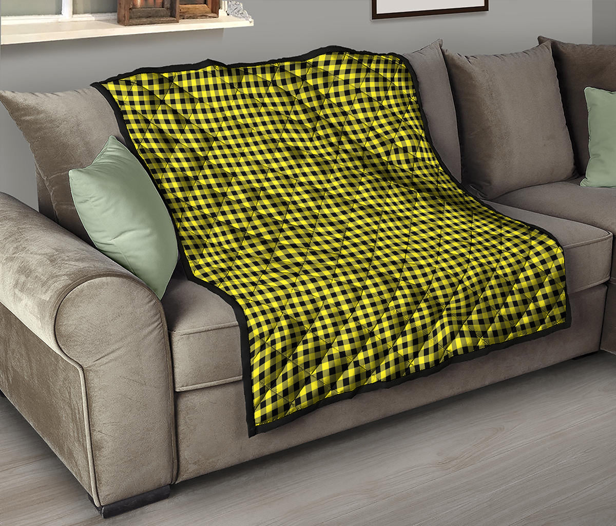 Yellow And Black Check Pattern Print Quilt